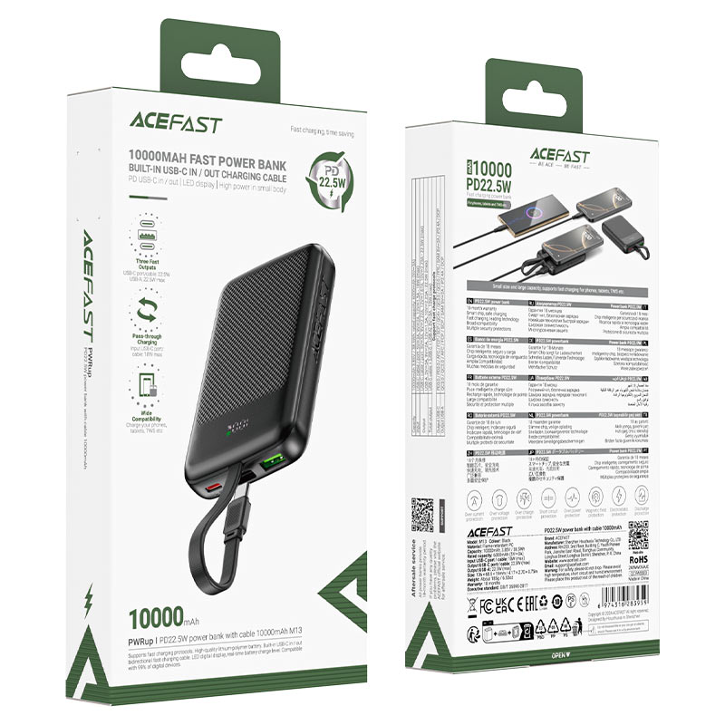 AceFast | 17971 | M13 | 10000 PD22.5W Power Bank With Cable | Black AceFast | 17971 | M13 | 10000 PD22.5W Power Bank With Cable | Black